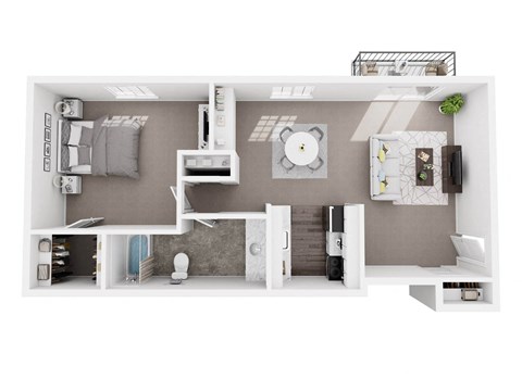 A top-down view of a modern apartment layout.